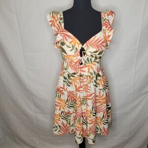 Madden NYC Tropical Leaf Print Tie Front Ruffle Mini Dress